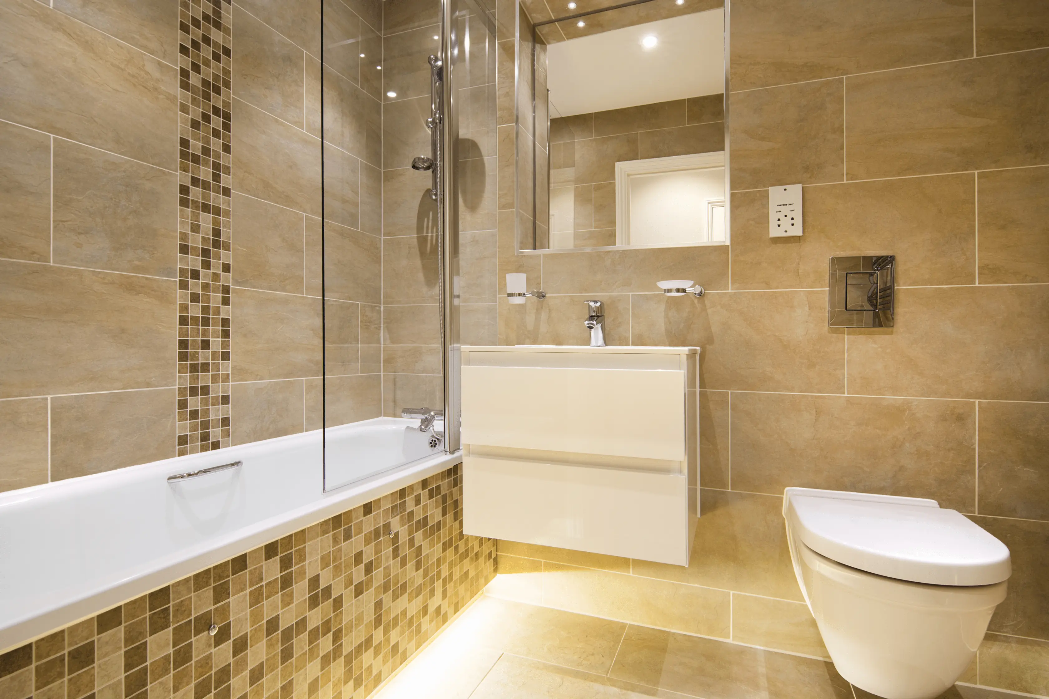 Shower Bath With Tiled Wall And Vanity Unit
